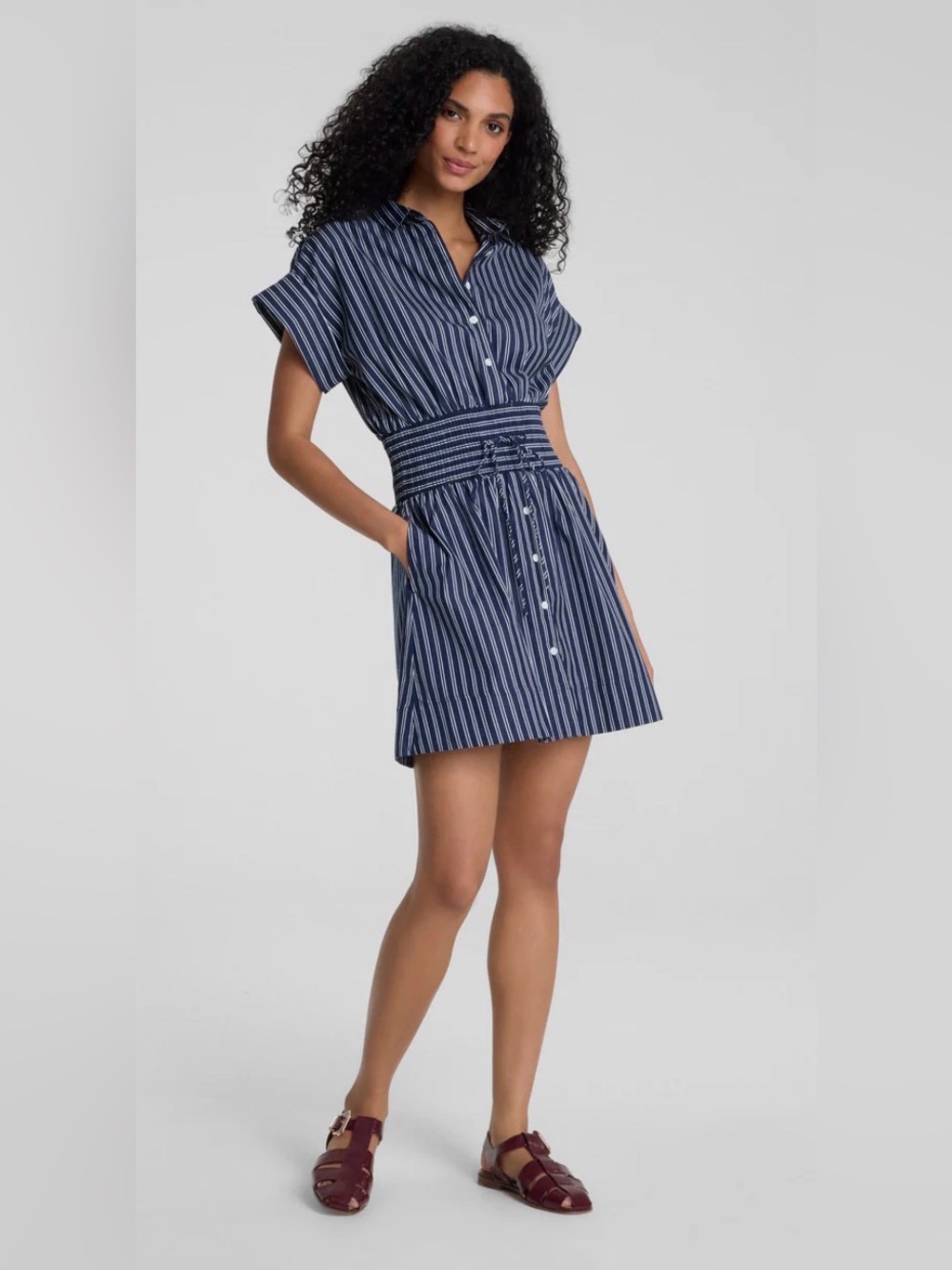 Spanx Navy and White 100% Cotton Poplin Smocked Mini Shirt Dress Medium